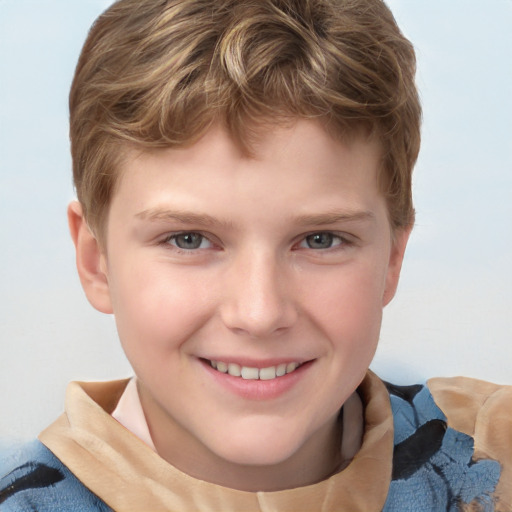 Joyful white child male with short  brown hair and grey eyes