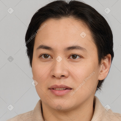 Joyful white young-adult female with short  brown hair and brown eyes