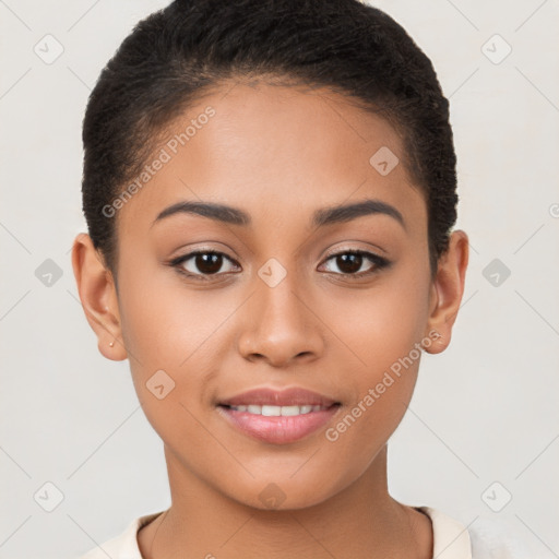 Joyful latino young-adult female with short  brown hair and brown eyes