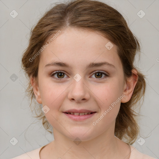 Joyful white child female with medium  brown hair and brown eyes