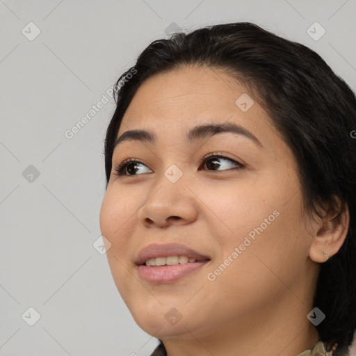 Joyful white young-adult female with medium  brown hair and brown eyes