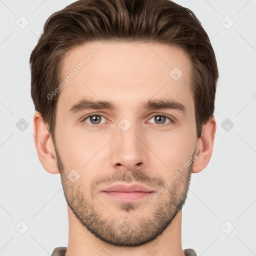 Neutral white young-adult male with short  brown hair and brown eyes