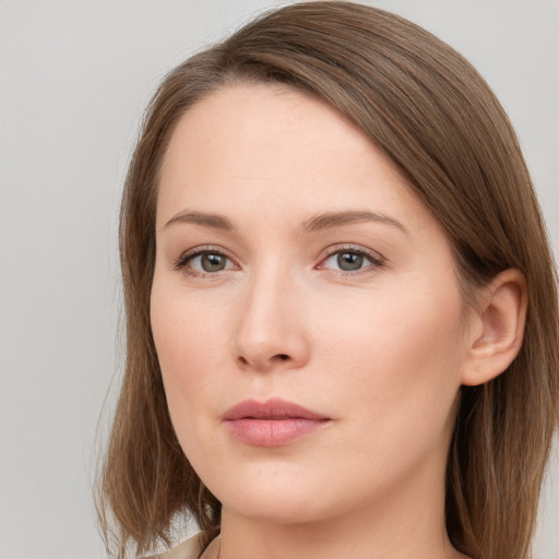 Neutral white young-adult female with long  brown hair and grey eyes