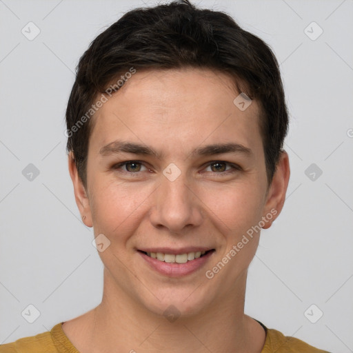 Joyful white young-adult female with short  brown hair and brown eyes