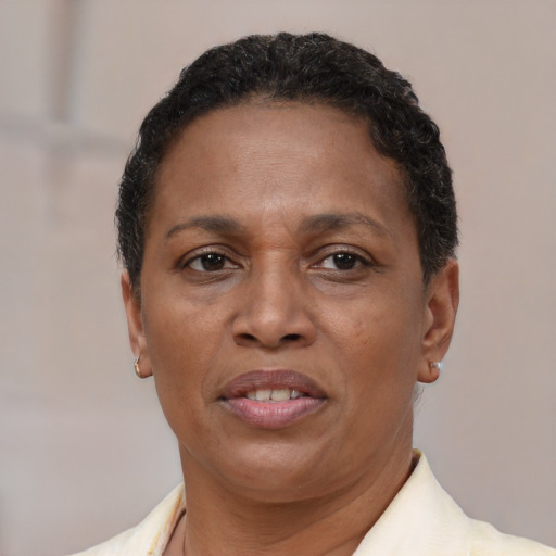 Joyful latino adult female with short  brown hair and brown eyes