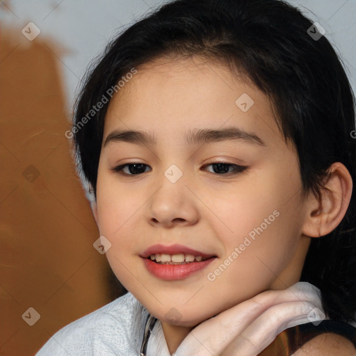 Joyful white child female with medium  brown hair and brown eyes