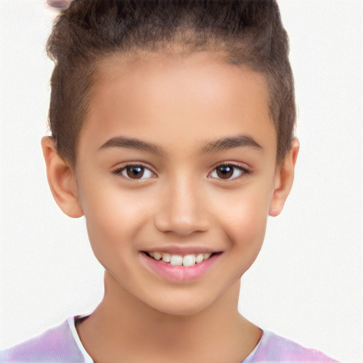 Joyful white child female with short  brown hair and brown eyes