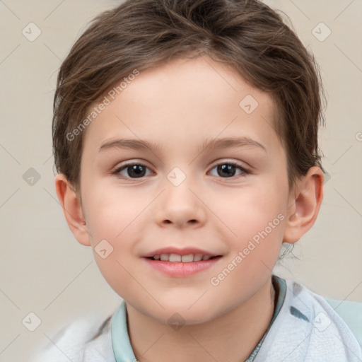 Joyful white child female with short  brown hair and brown eyes