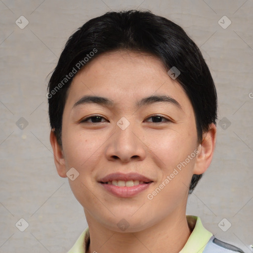 Joyful asian young-adult female with short  black hair and brown eyes