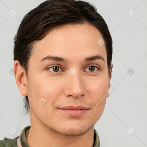 Joyful white young-adult female with short  brown hair and brown eyes