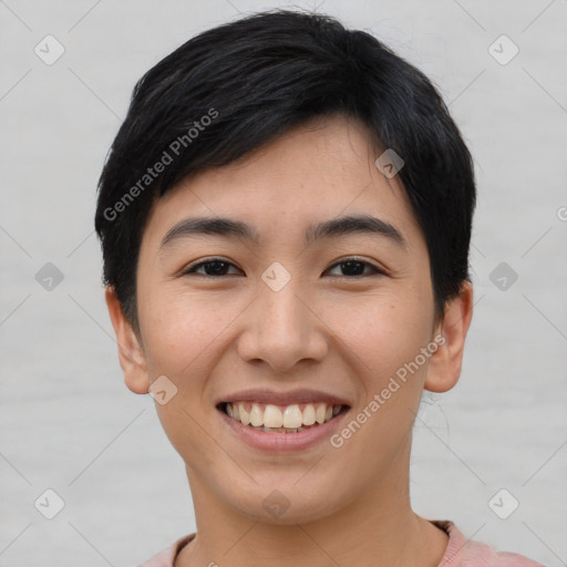 Joyful asian young-adult female with short  black hair and brown eyes