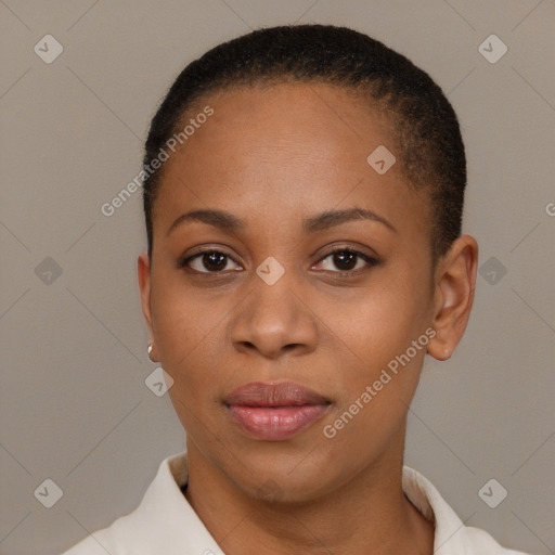 Joyful black young-adult female with short  brown hair and brown eyes