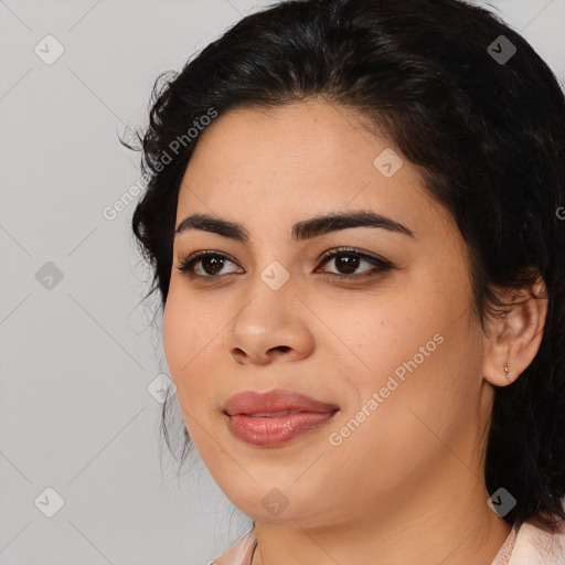 Joyful asian young-adult female with medium  black hair and brown eyes