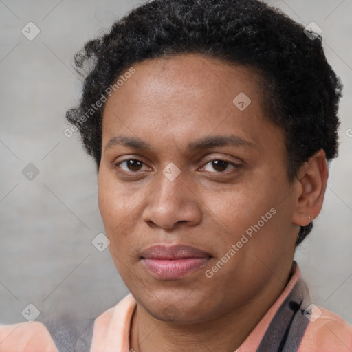 Joyful latino young-adult female with short  brown hair and brown eyes