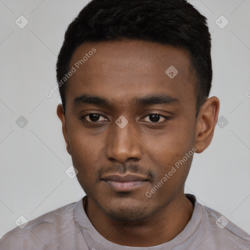 Neutral black young-adult male with short  black hair and brown eyes