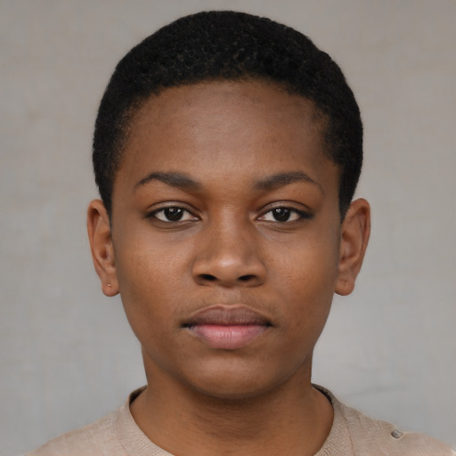 Neutral black young-adult female with short  black hair and brown eyes