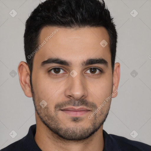 Neutral white young-adult male with short  black hair and brown eyes