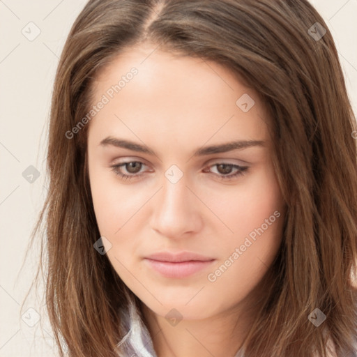 Neutral white young-adult female with long  brown hair and brown eyes