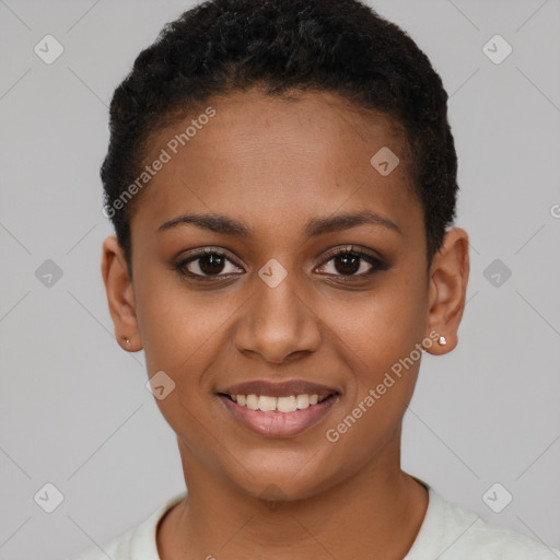 Joyful black young-adult female with short  brown hair and brown eyes