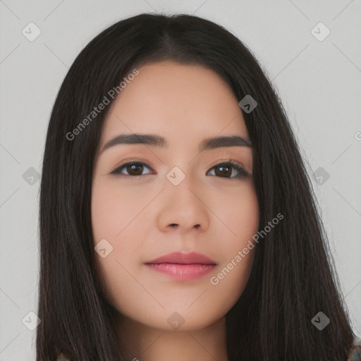 Neutral white young-adult female with long  brown hair and brown eyes