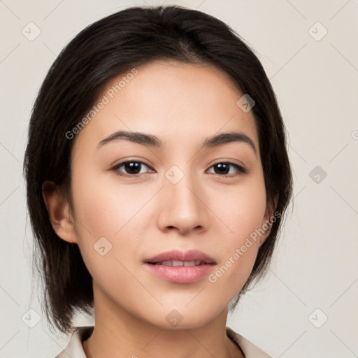 Neutral white young-adult female with medium  brown hair and brown eyes