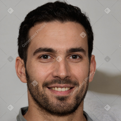 Joyful white young-adult male with short  black hair and brown eyes