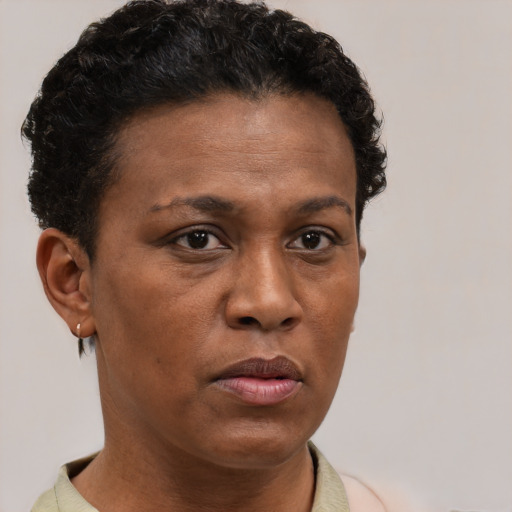 Neutral black adult female with short  brown hair and brown eyes