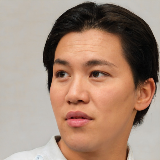 Neutral asian young-adult female with short  brown hair and brown eyes