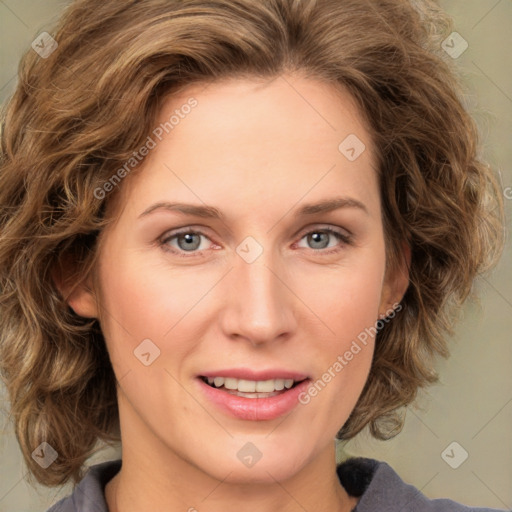 Joyful white young-adult female with medium  brown hair and green eyes