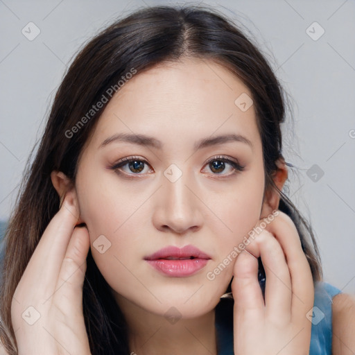 Neutral white young-adult female with medium  brown hair and brown eyes