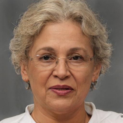 Joyful white middle-aged female with short  brown hair and brown eyes