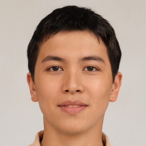 Neutral asian young-adult male with short  brown hair and brown eyes