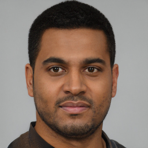 Neutral black young-adult male with short  brown hair and brown eyes