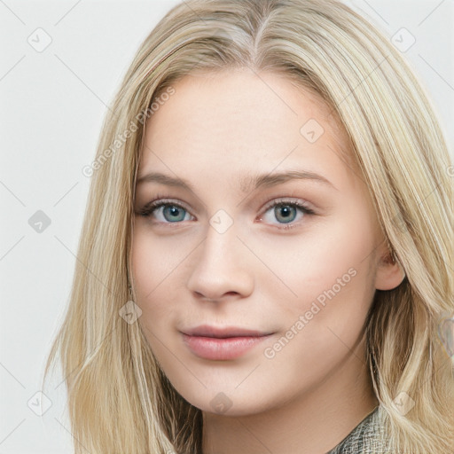 Neutral white young-adult female with long  brown hair and blue eyes