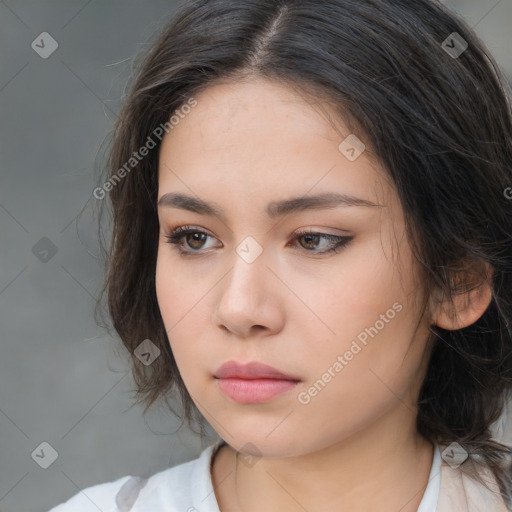 Neutral white young-adult female with medium  brown hair and brown eyes