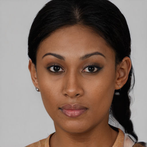 Neutral latino young-adult female with medium  black hair and brown eyes