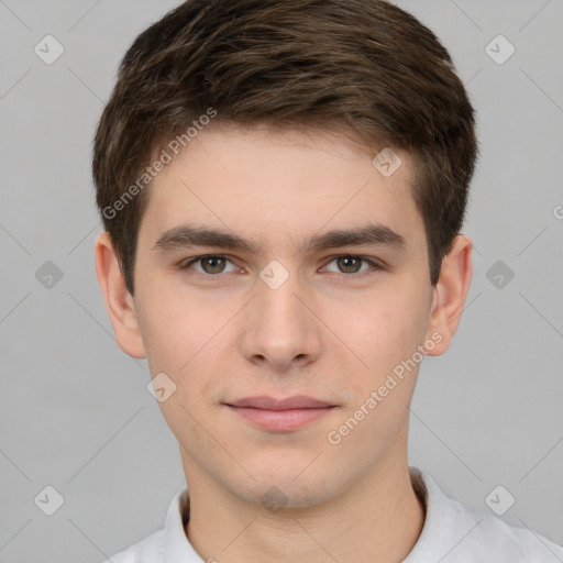 Neutral white young-adult male with short  brown hair and brown eyes