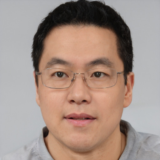 Neutral asian adult male with short  black hair and brown eyes