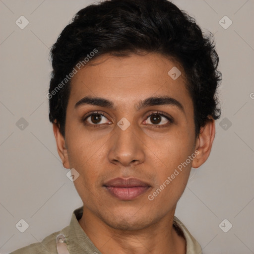 Neutral latino young-adult male with short  black hair and brown eyes