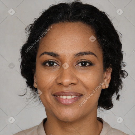 Joyful black young-adult female with medium  black hair and brown eyes