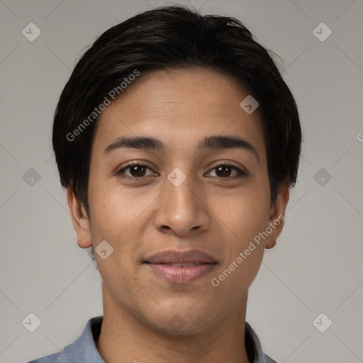 Joyful latino young-adult female with short  black hair and brown eyes