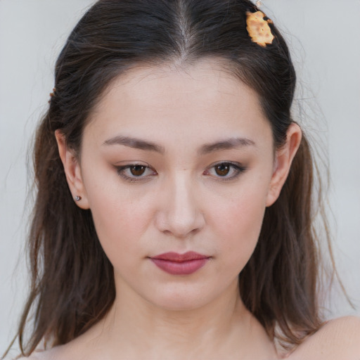Neutral white young-adult female with medium  brown hair and brown eyes