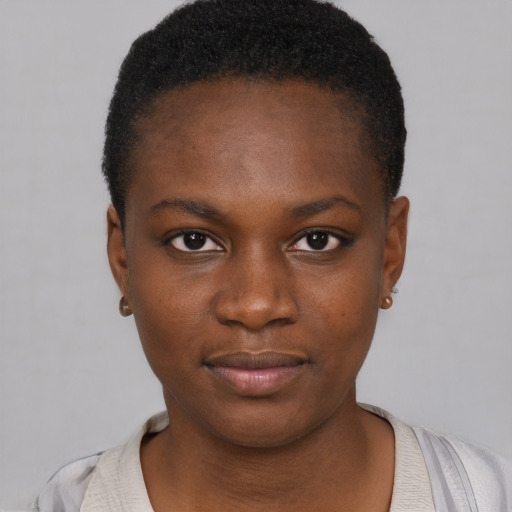 Neutral black young-adult female with short  black hair and brown eyes