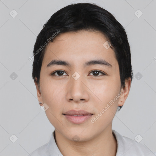 Neutral asian young-adult male with short  black hair and brown eyes