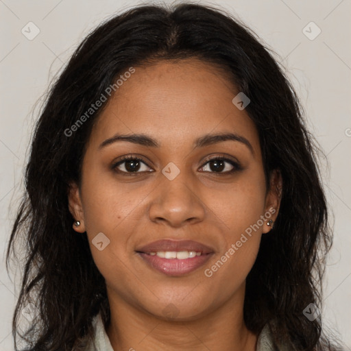 Joyful black young-adult female with long  brown hair and brown eyes