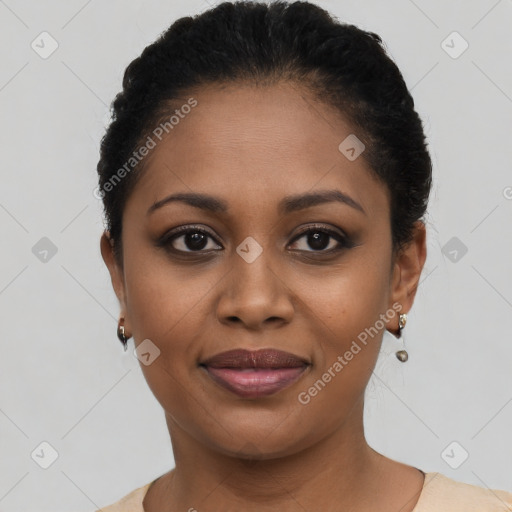 Joyful latino young-adult female with short  black hair and brown eyes