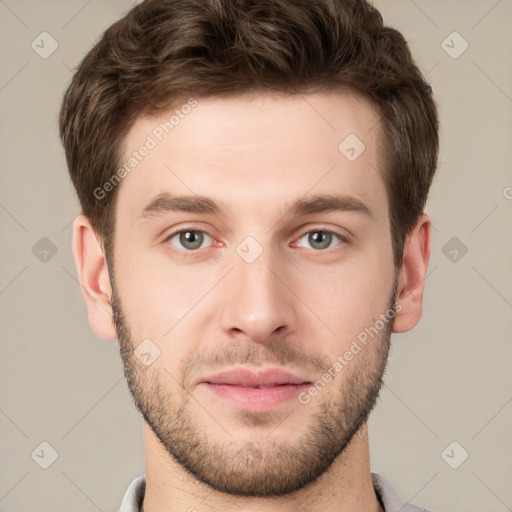 Neutral white young-adult male with short  brown hair and grey eyes