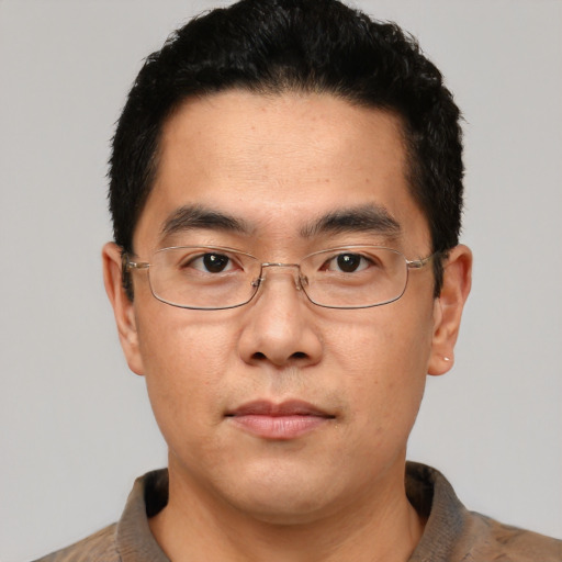 Neutral asian adult male with short  black hair and brown eyes