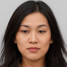 Neutral asian young-adult female with long  brown hair and brown eyes