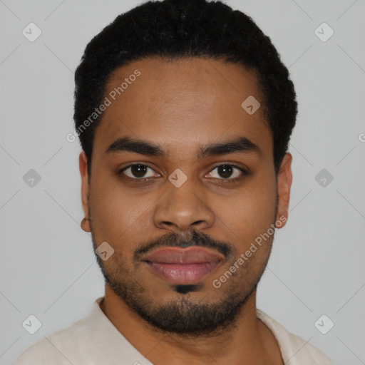 Neutral latino young-adult male with short  black hair and brown eyes